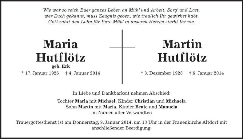 Traueranzeige Maria Hutflötz
