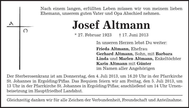Traueranzeige Josef Altmann