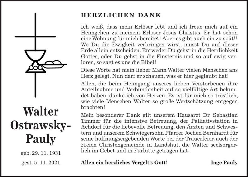 Traueranzeige Walter Ostrawsky