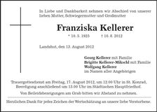 Traueranzeige Franziska Kellerer