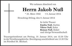 Traueranzeige Jakob Nuß