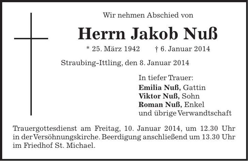 Traueranzeige Jakob Nuß