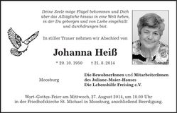 Traueranzeige Johanna Heiß