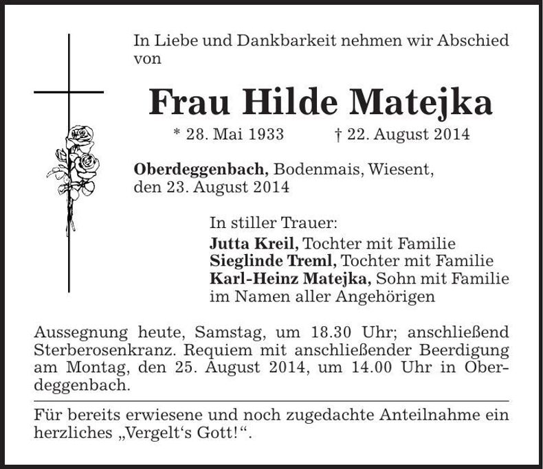 Traueranzeige Hilde Matejka