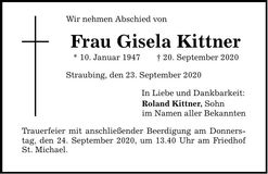 Traueranzeige Gisela Kittner