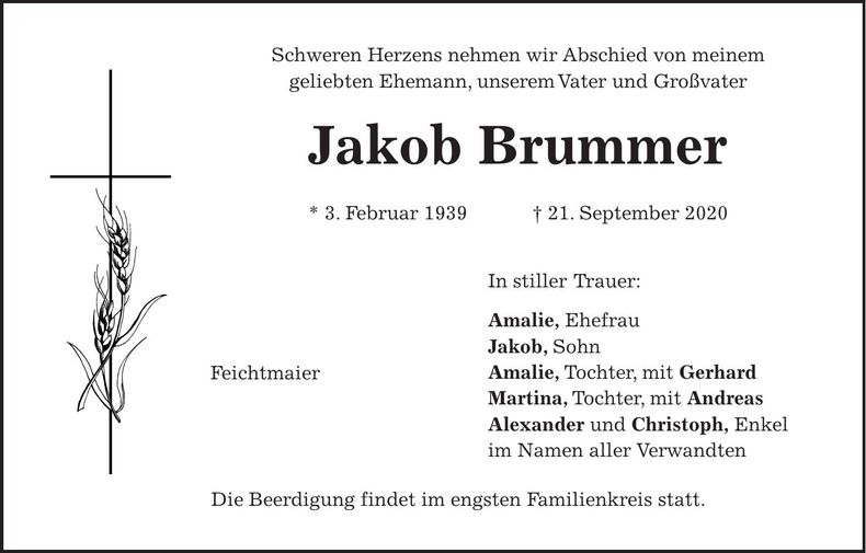 Traueranzeige Jakob Brummer