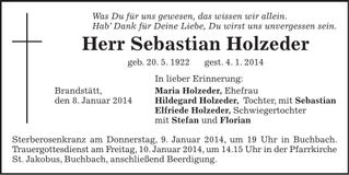 Traueranzeige Sebastian Holzeder