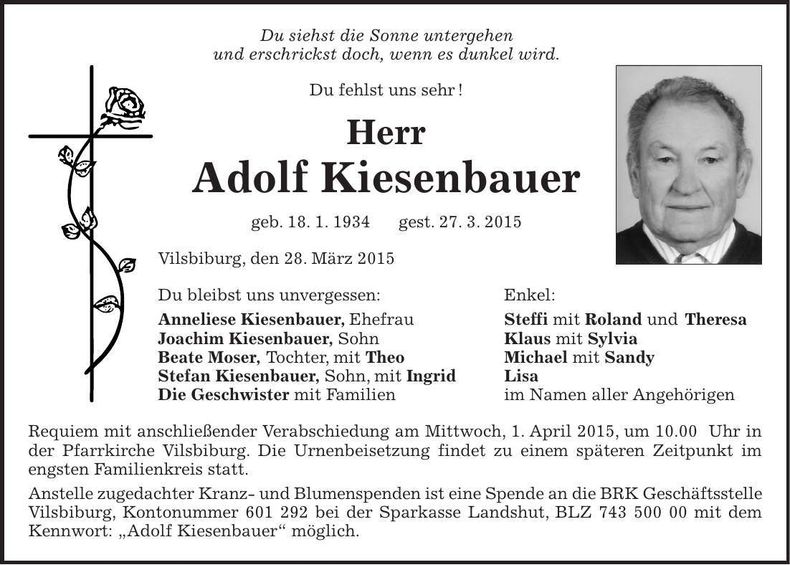 Traueranzeige Adolf Kiesenbauer