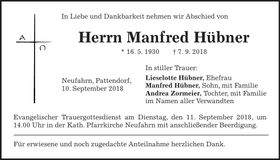 Traueranzeige Manfred Hübner