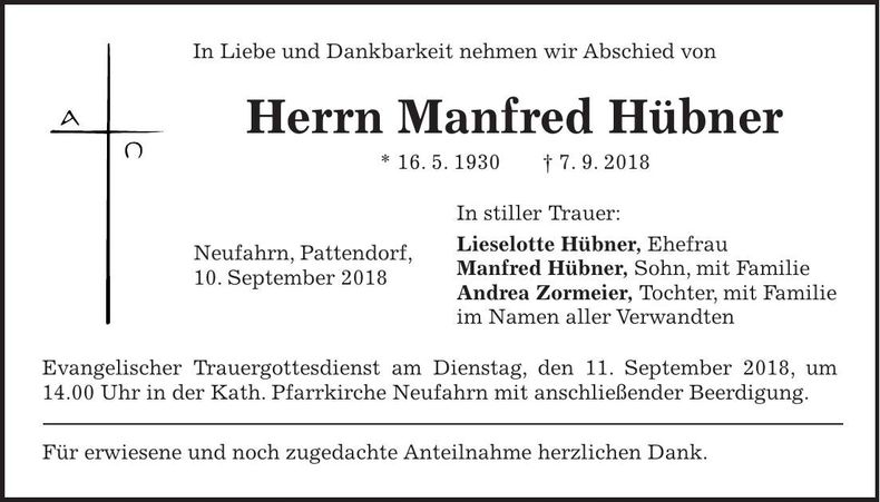 Traueranzeige Manfred Hübner