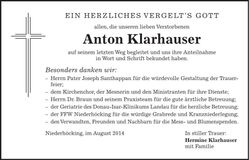 Traueranzeige Anton Klarhauser