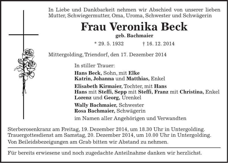 Traueranzeige Veronika Beck