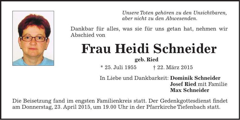 Traueranzeige Heidi Schneider