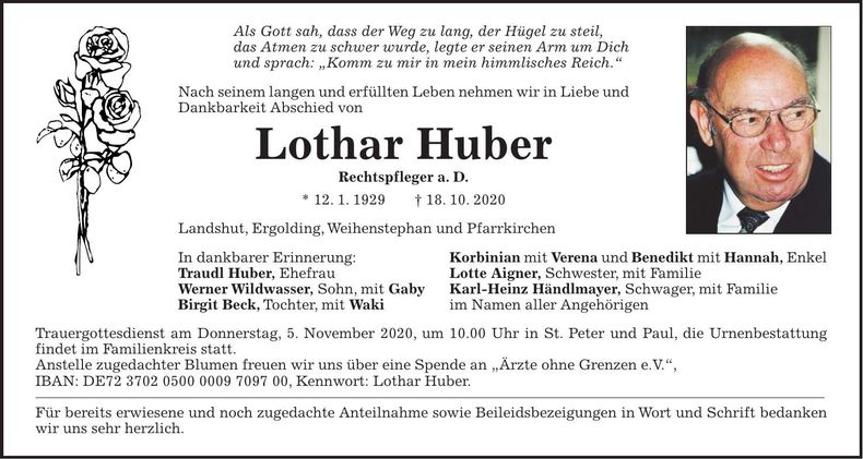Traueranzeige Lothar Huber