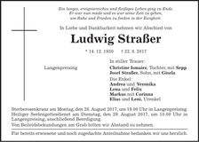 Traueranzeige Ludwig Straßer