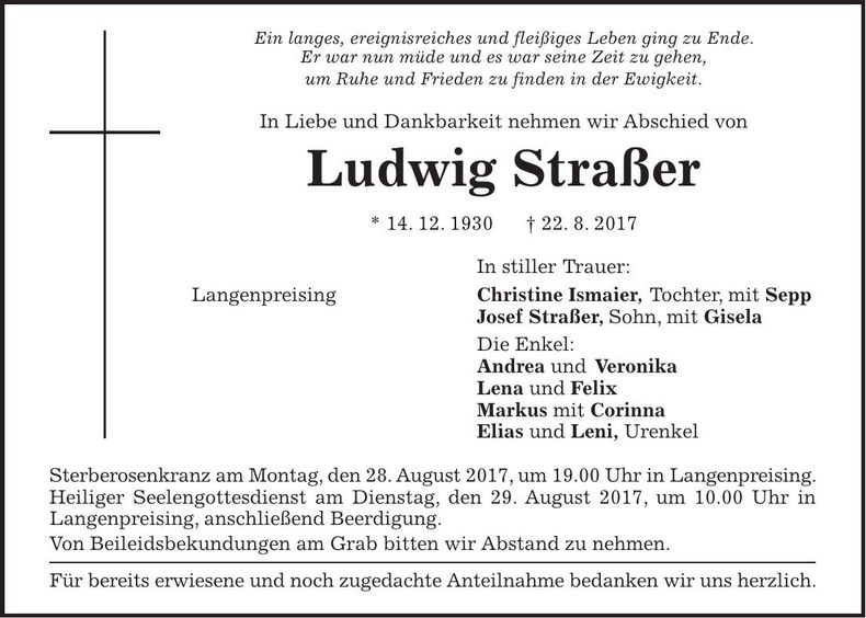Traueranzeige Ludwig Straßer