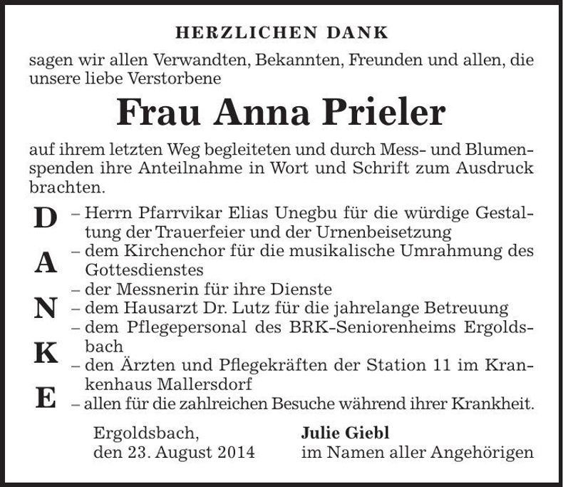 Traueranzeige Anna Prieler