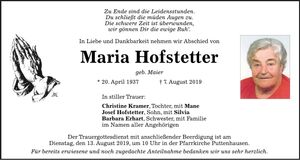 Traueranzeige Maria Hofstetter