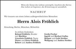 Traueranzeige Alois Fröhlich