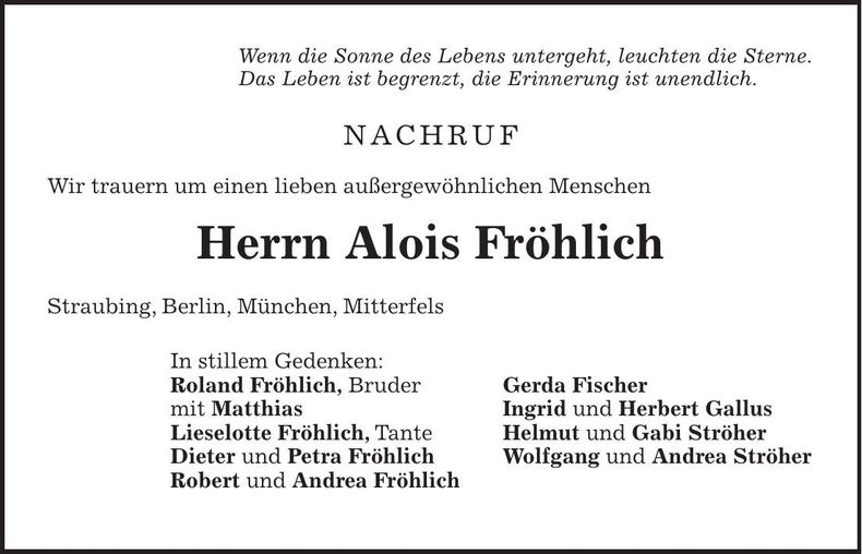 Traueranzeige Alois Fröhlich