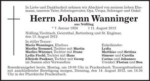 Traueranzeige Johann Wanninger