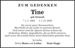Traueranzeige Tine geb Vorwerk
