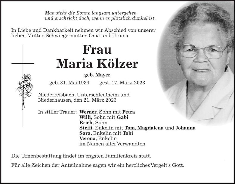 Traueranzeige Maria Kölzer