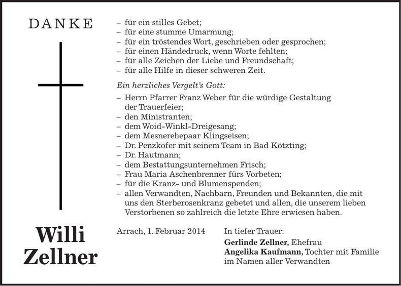 Traueranzeige Willi Zellner