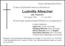 Traueranzeige Ludmilla Allescher