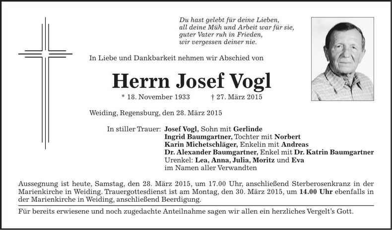 Traueranzeige Josef Vogl