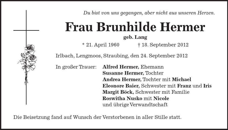 Traueranzeige Brunhilde Hermer