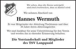 Traueranzeige Hannes Wermuth