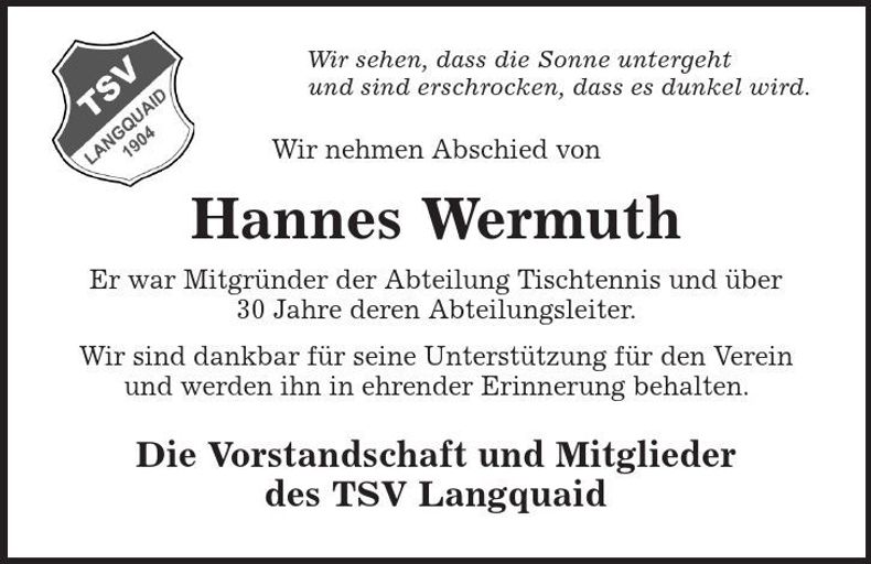 Traueranzeige Hannes Wermuth