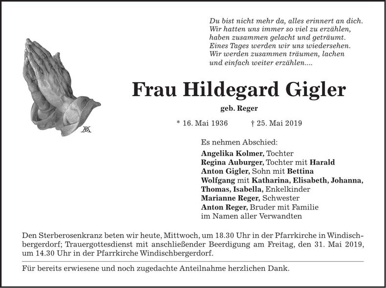 Traueranzeige Hildegard Gigler