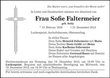 Traueranzeige Sofie Faltermeier