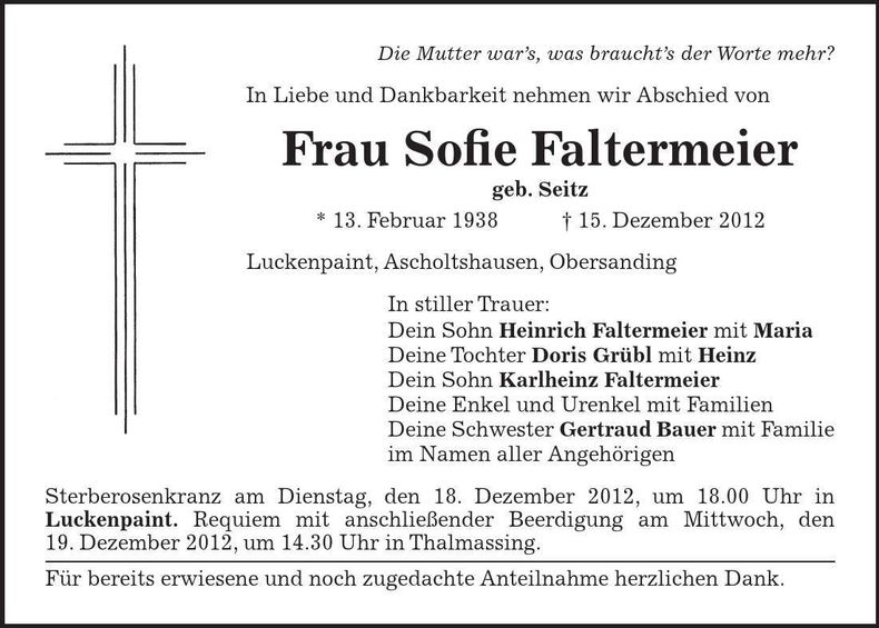 Traueranzeige Sofie Faltermeier