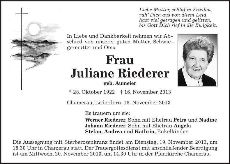 Traueranzeige Juliane Riederer