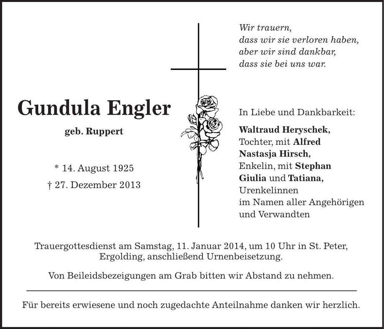 Traueranzeige Gundula Engler