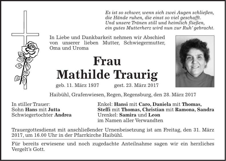 Traueranzeige Mathilde Traurig
