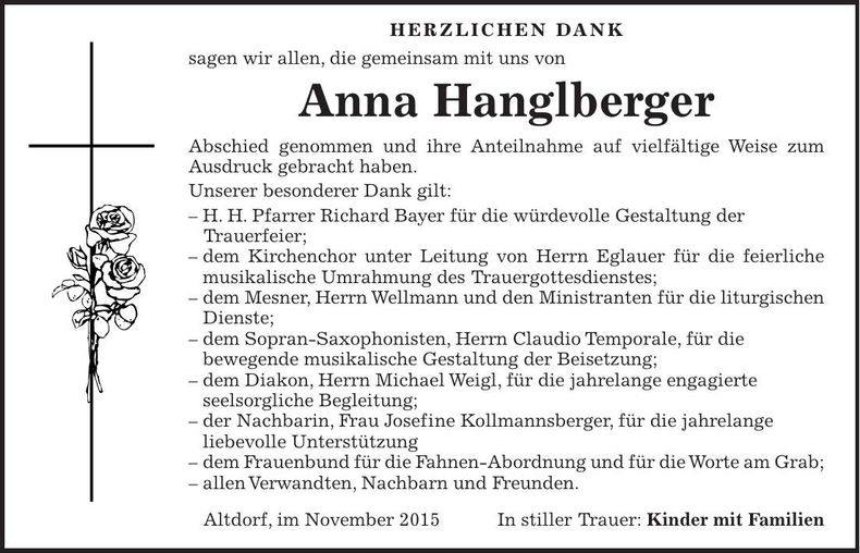 Traueranzeige Anna Hanglberger