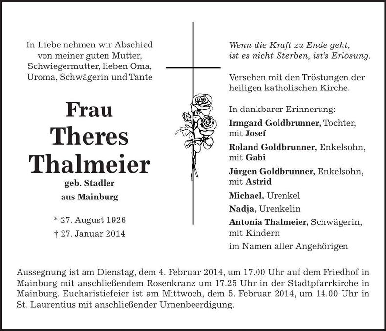Traueranzeige Theres Thalmeier