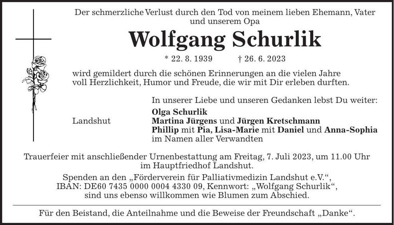 Traueranzeige Wolfgang Schurlik