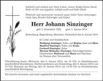 Traueranzeige Johann Sinzinger