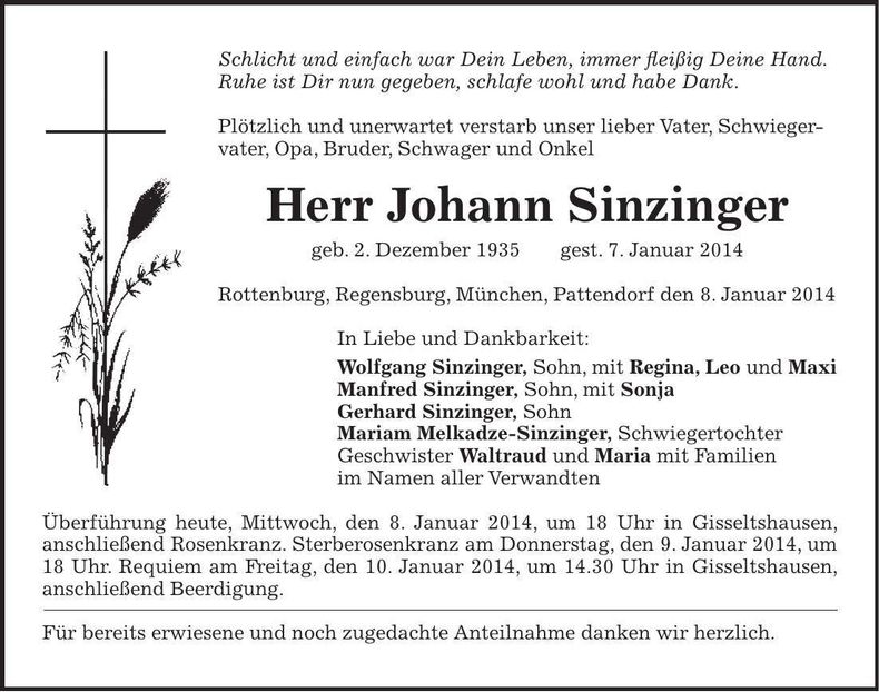 Traueranzeige Johann Sinzinger