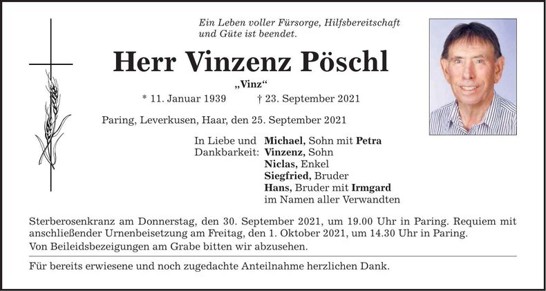 Traueranzeige Vinzenz Pöschl