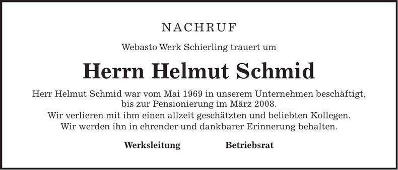 Traueranzeige Helmut Schmid
