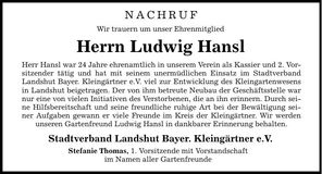 Traueranzeige Ludwig Hansl