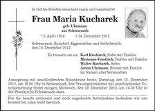 Traueranzeige Maria Kucharek