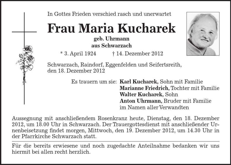 Traueranzeige Maria Kucharek