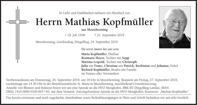 Traueranzeige Mathias Kopfmüller